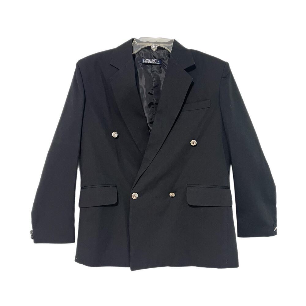 Polo Ralph Lauren black double-breasted Wool Blazer Women 14 Silver Buttons